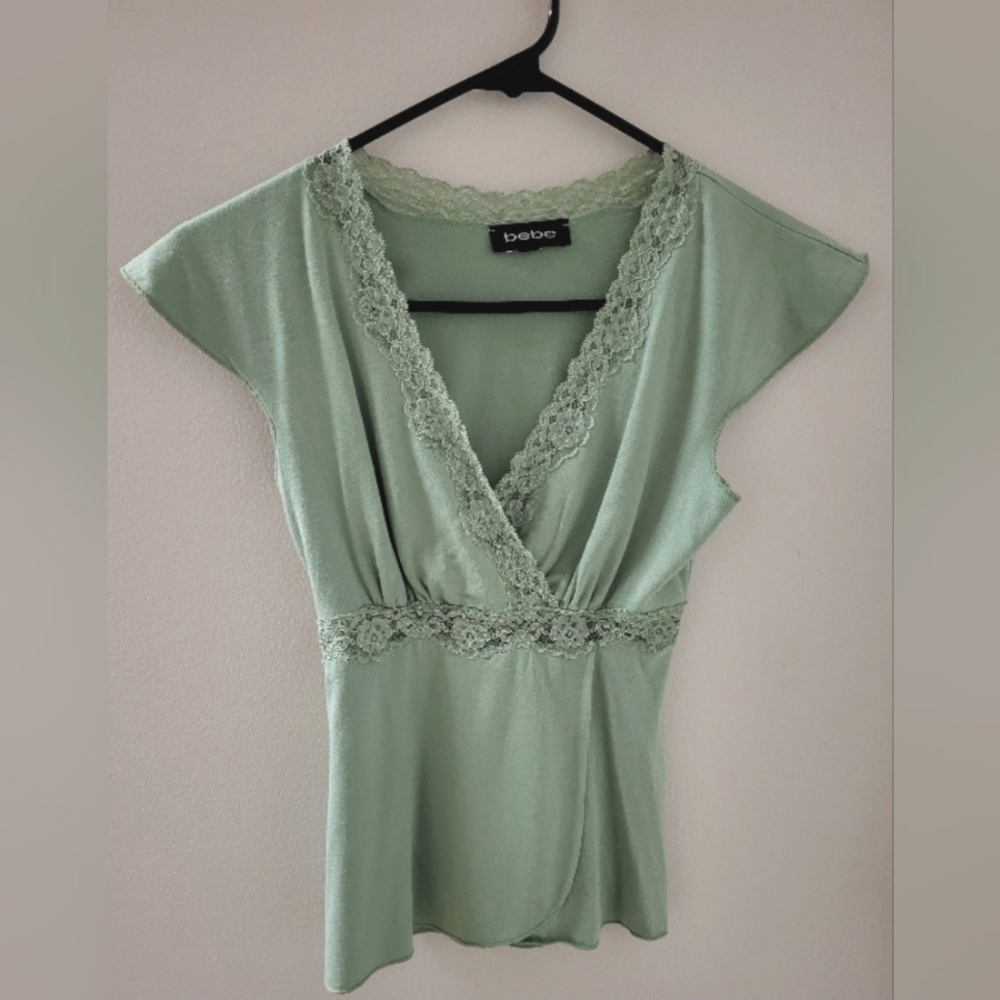 Bebe Mint Green Lace V-Neck Top
